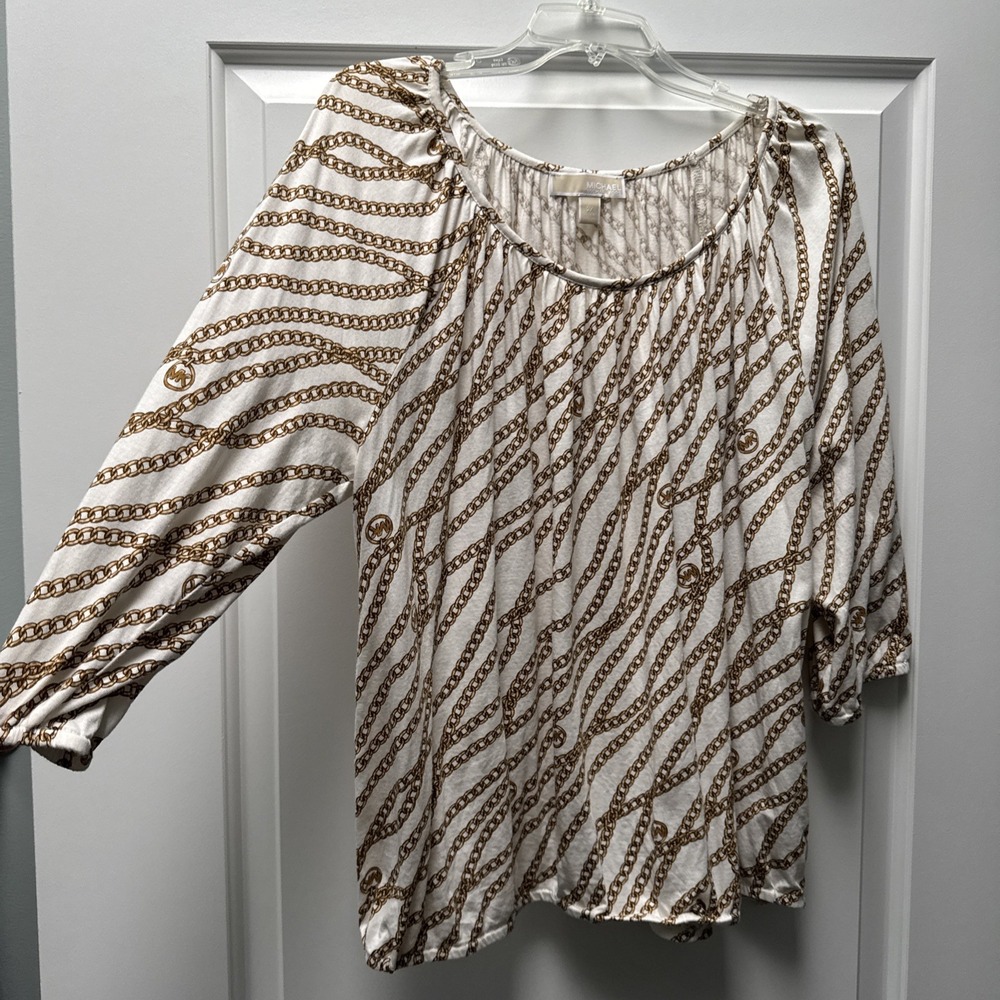 MICHAEL KORS Peasant Blouse Women's Plus 2X Gold Chain Design Elastic Waist/Arms